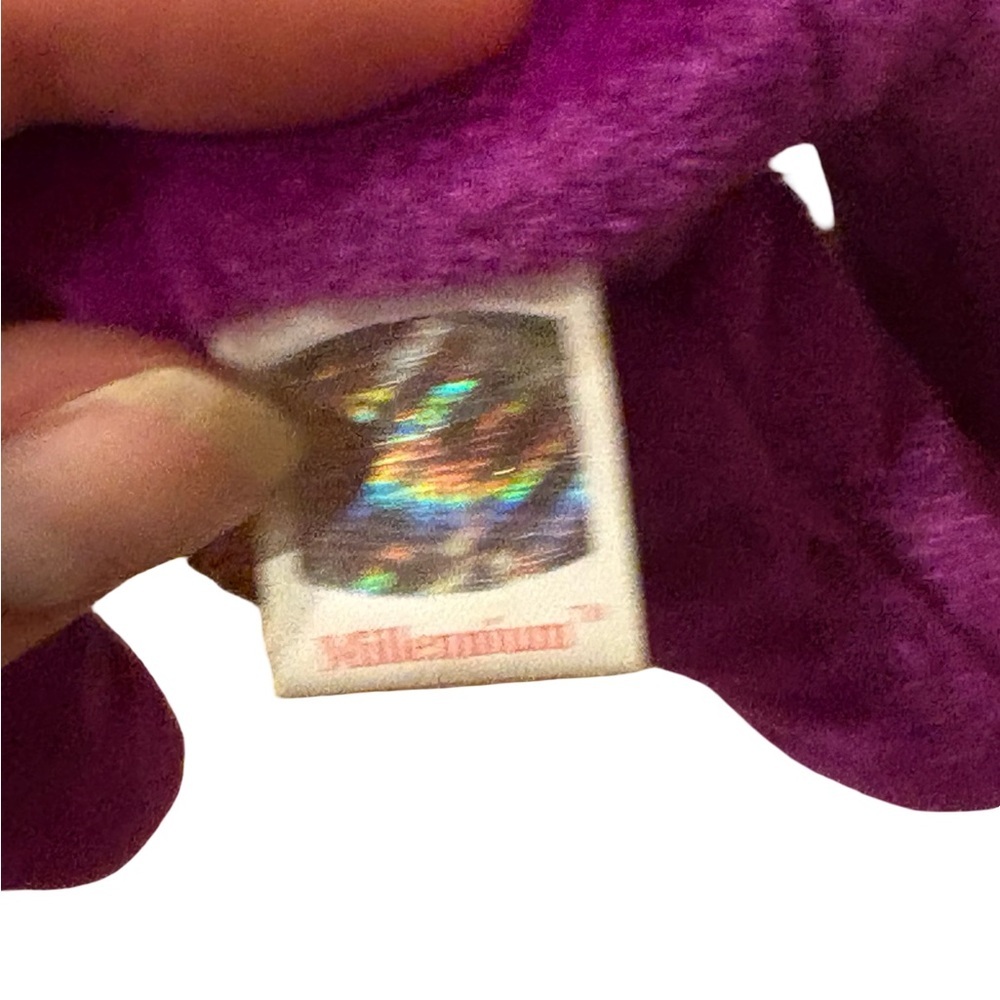 1999 TY Beanie Baby Millennium purple bear gold ribbon Earth/“2000” chest patch - Picture 10 of 11